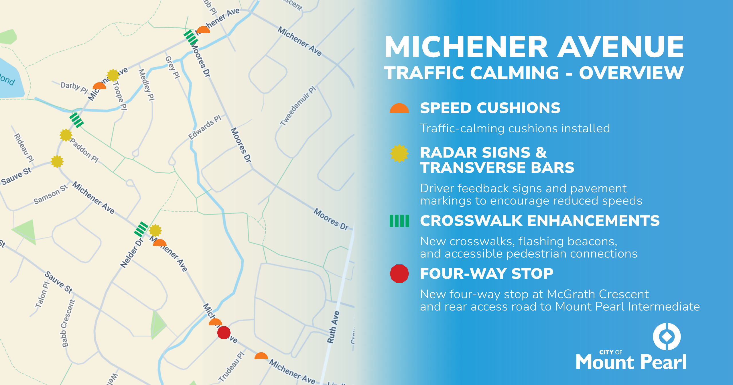 City of Mount Pearl GIS —annotated aerial showing proposed measures for traffic calming on Michener Avenue